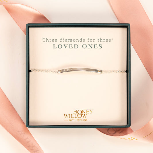 Diamond Bar Bracelet - Three Diamonds for Three Loved Ones - Silver