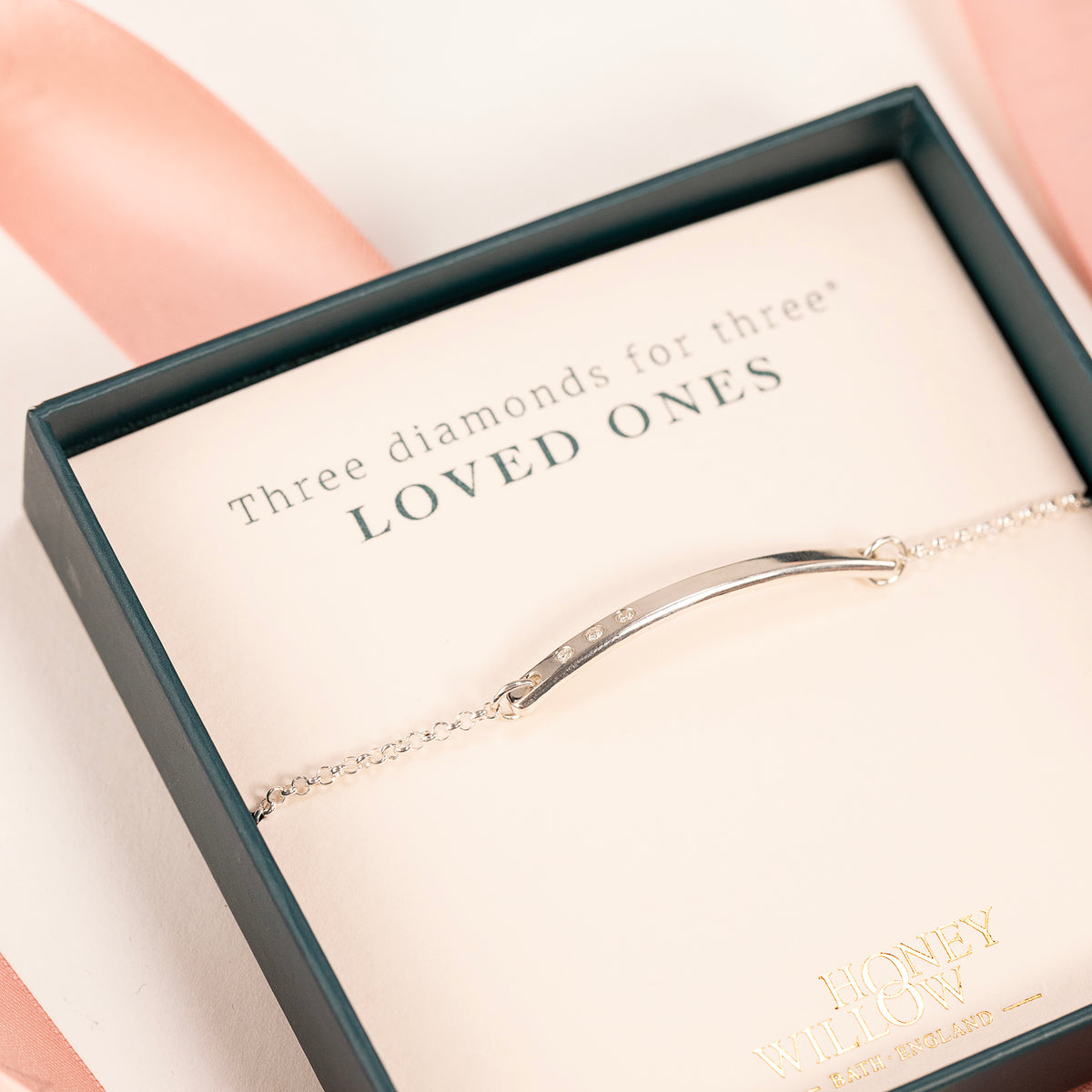 Diamond Bar Bracelet - Three Diamonds for Three Loved Ones - Silver