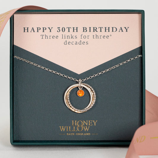 30th Birthday Birthstone Necklace - The Original 3 Links for 3 Decades Necklace - Silver & Gold
