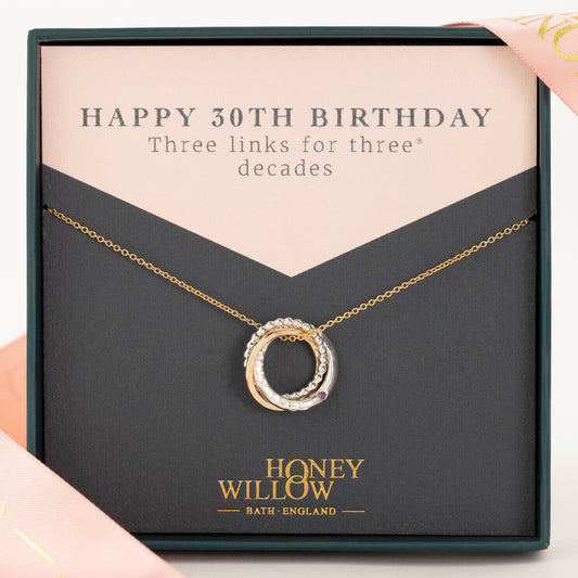 Personalised 30th Birthday Birthstone Necklace - The Original 3 Links for 3 Decades Necklace - Silver & Gold