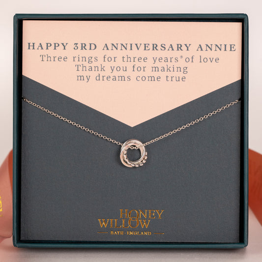 3rd Anniversary Love Knot Necklace - The Original 3 Rings for 3 Years - Silver