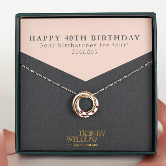 40th Birthday Necklace - 4 Birthstones for 4 Decades - 9kt Gold - Rose Gold - Silver