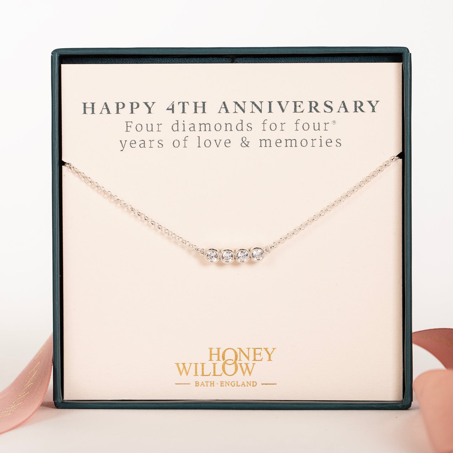 4th Anniversary Necklace - 4 Diamonds for 4 Years - Lab Grown Diamonds - Silver