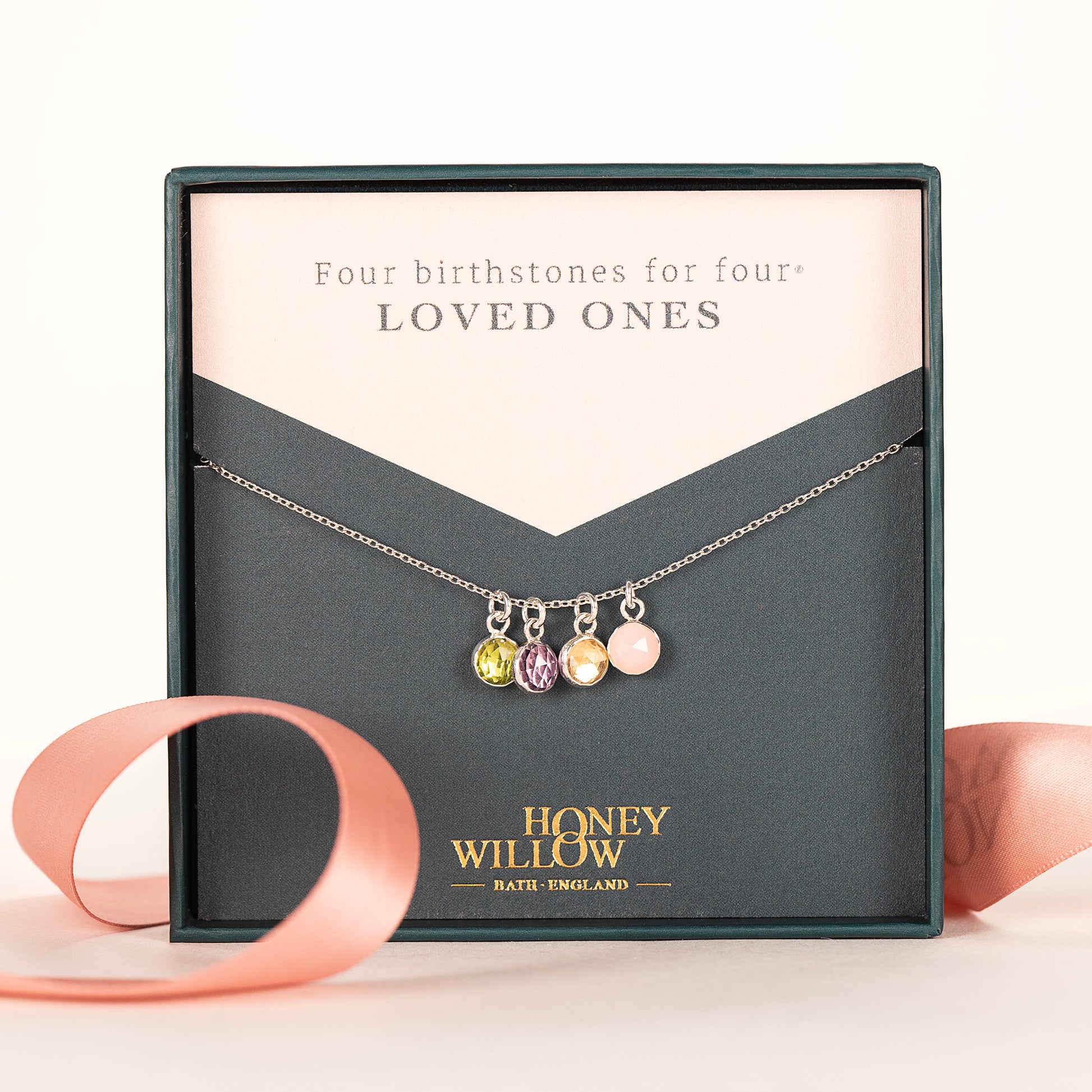 Family Birthstone Necklace - 4 Birthstones for 4 Loved Ones - Silver & Gold