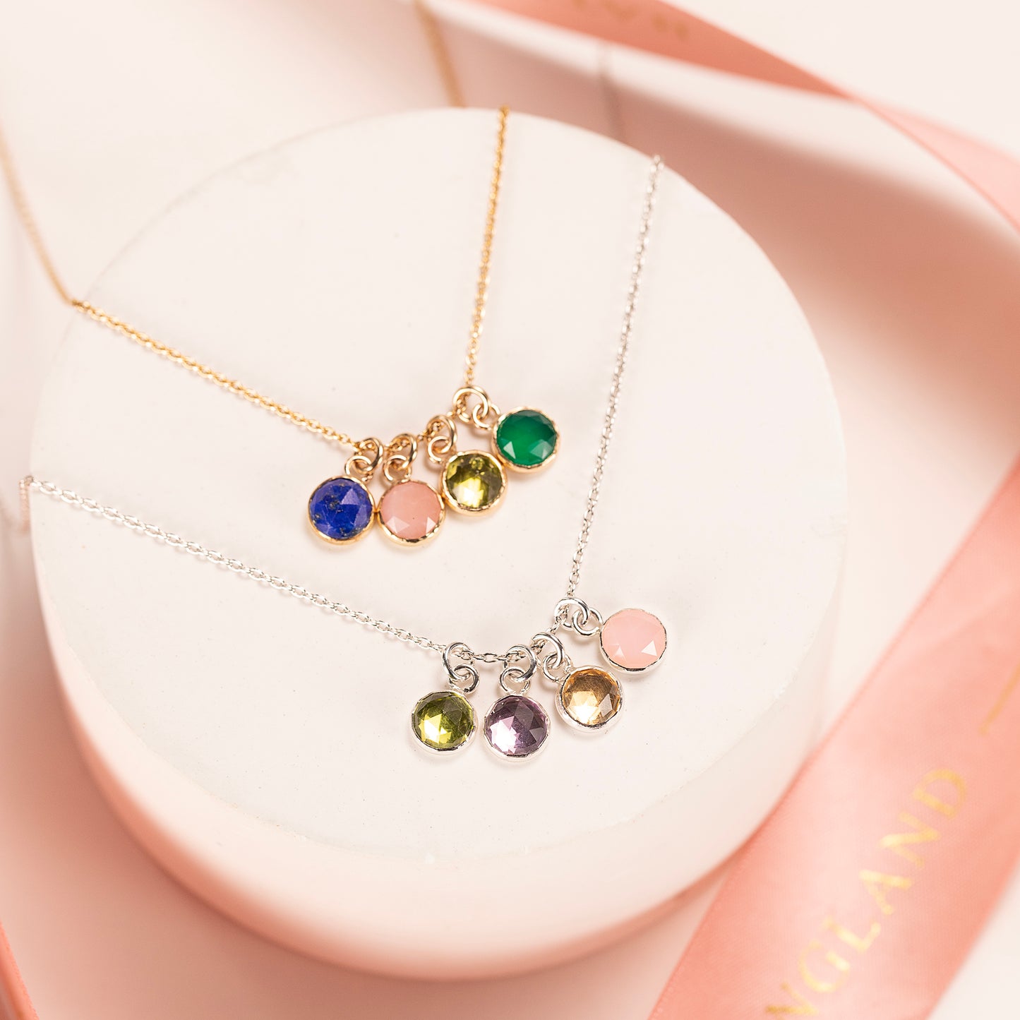 Family Birthstone Necklace - 4 Birthstones for 4 Loved Ones - Silver & Gold