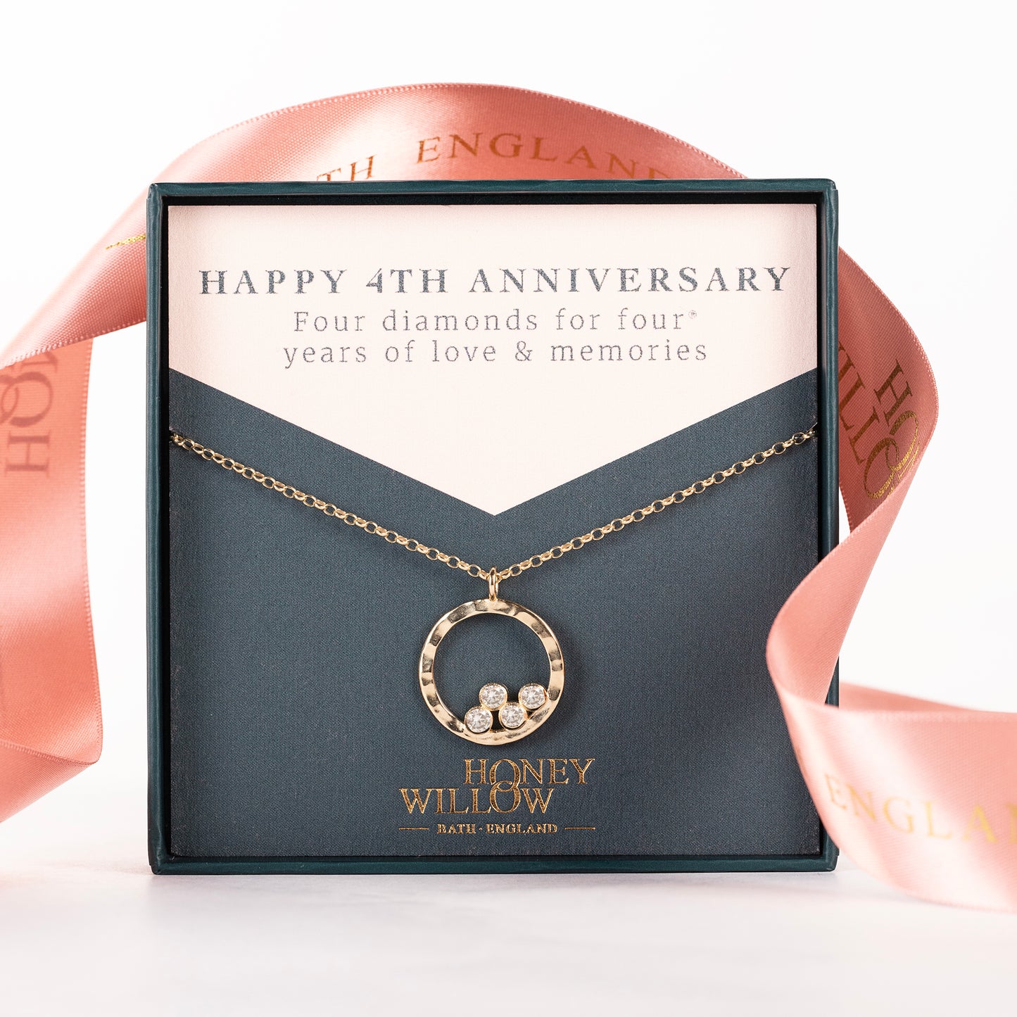 4th Anniversary Gift - 4 Diamonds for 4 Years Halo Necklace - 9kt Gold & Lab Grown Diamonds