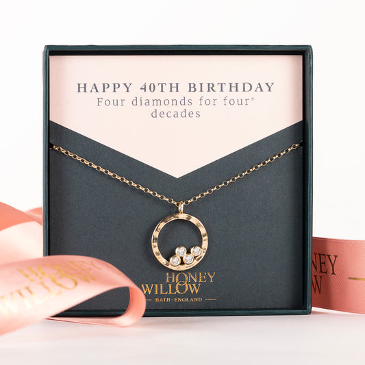 40th Birthday Necklace - 4 Diamonds for 4 Decades - 9kt Gold
