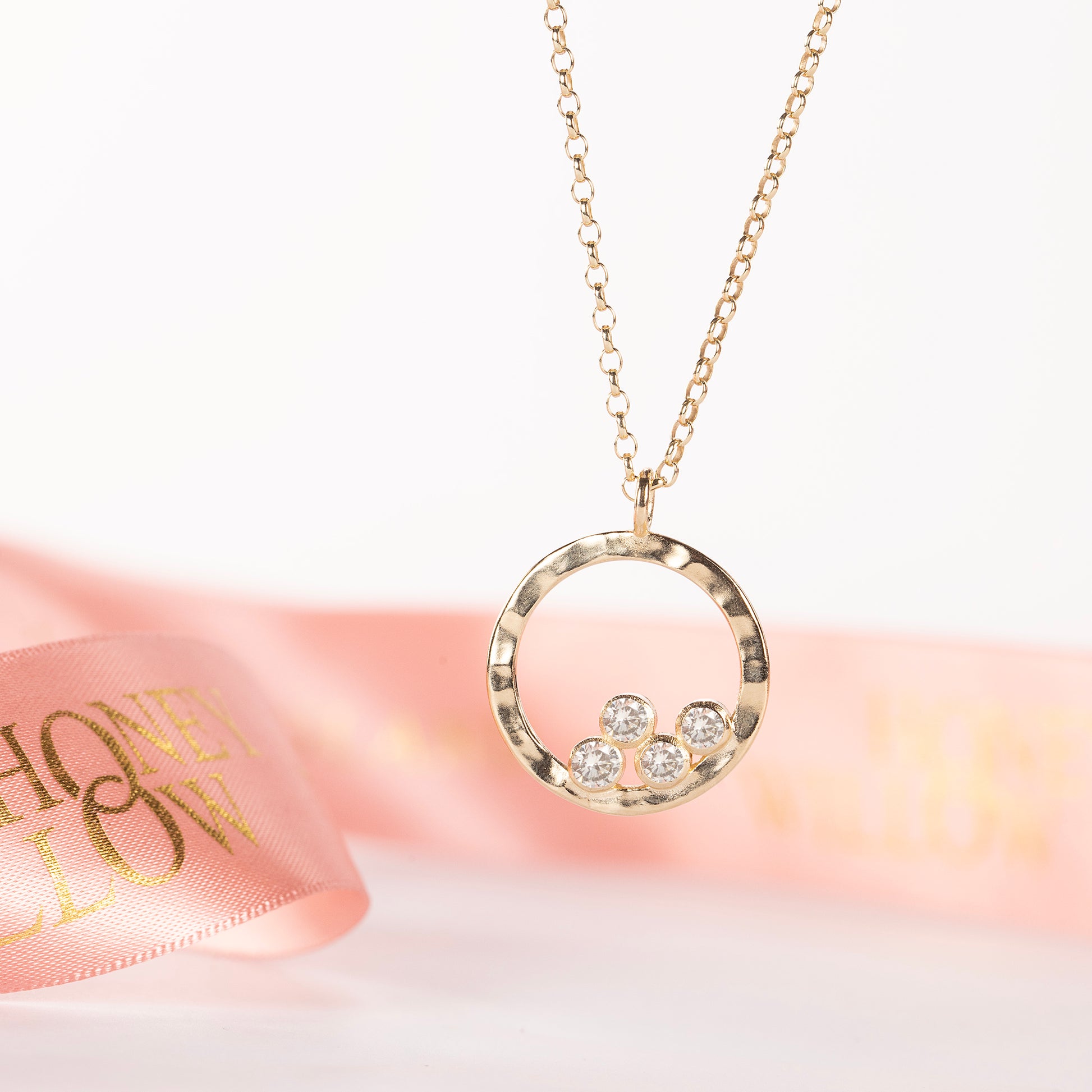 4th Anniversary Gift - 4 Diamonds for 4 Years Halo Necklace - 9kt Gold & Lab Grown Diamonds