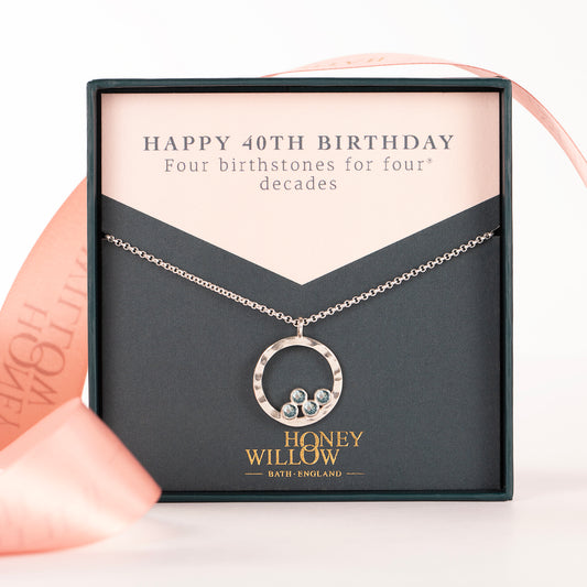 40th Birthday Necklace - 4 Birthstones for 4 Decades - Silver