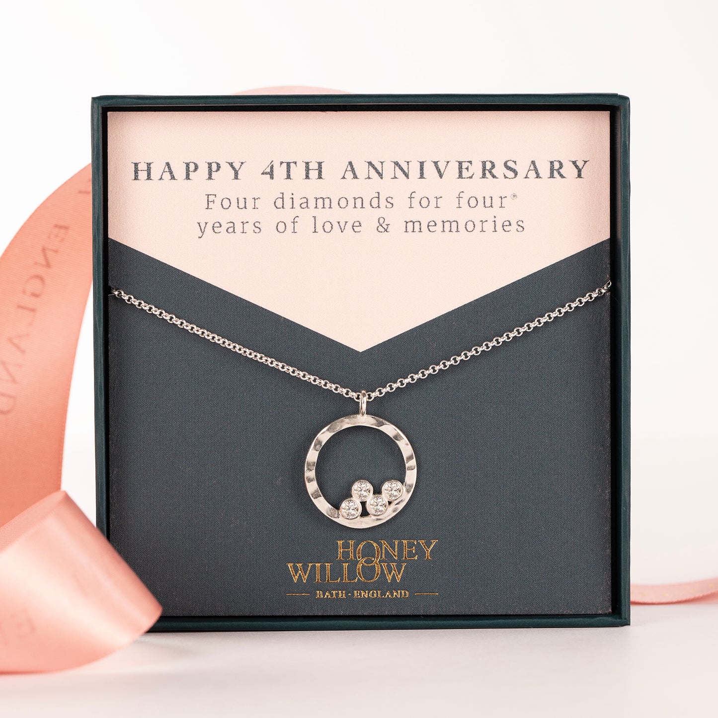 4th Anniversary Gift - 4 Diamonds for 4 Years Halo Necklace - Silver & Lab Grown Diamonds