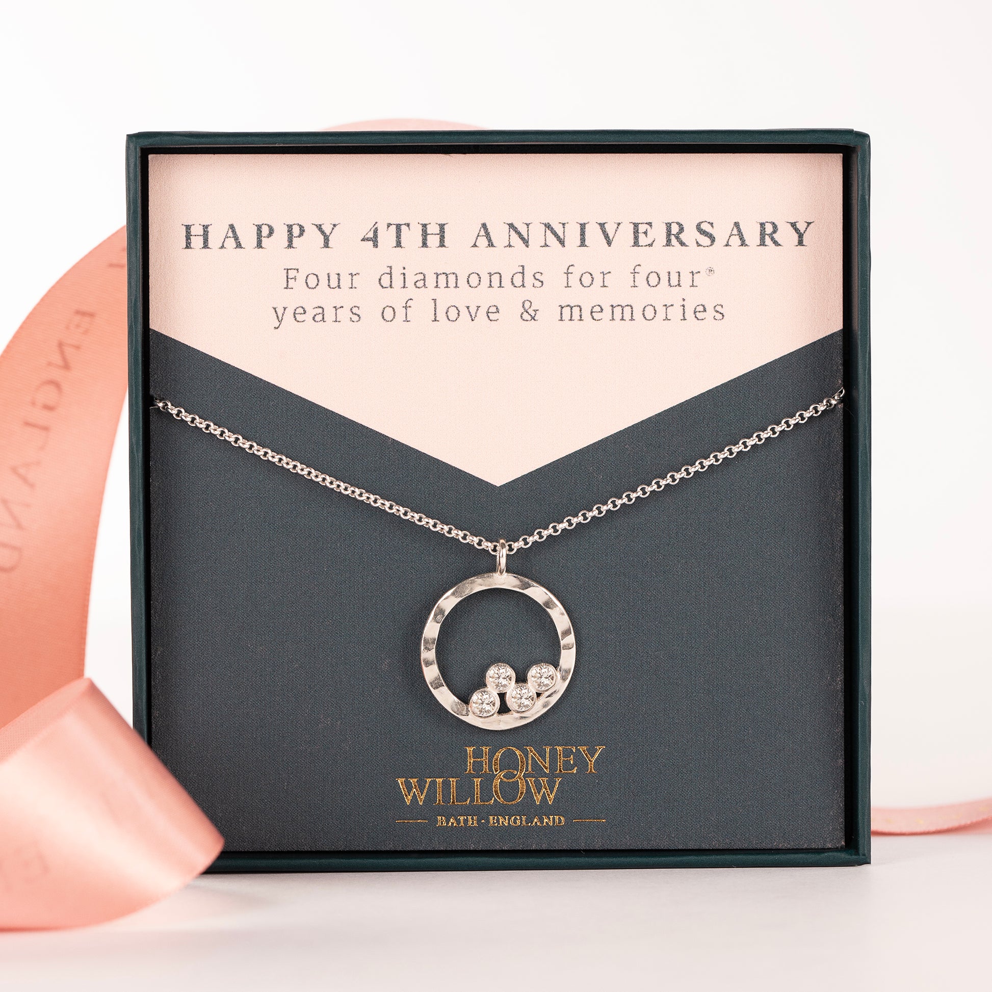 4th Anniversary Gift - 4 Diamonds for 4 Years Halo Necklace - Silver & Lab Grown Diamonds