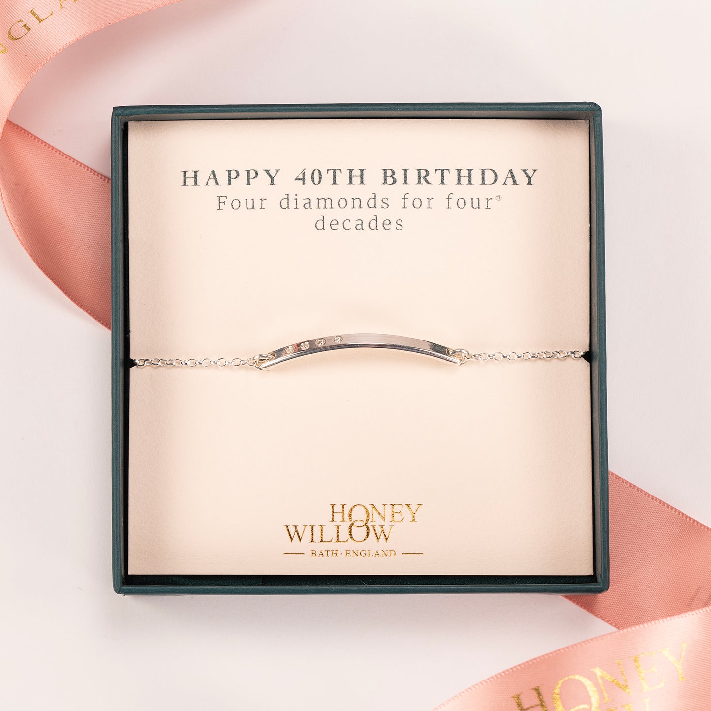 40th Birthday Gift - Diamond Bar Bracelet - 4 Diamonds for 4 Decades - Silver