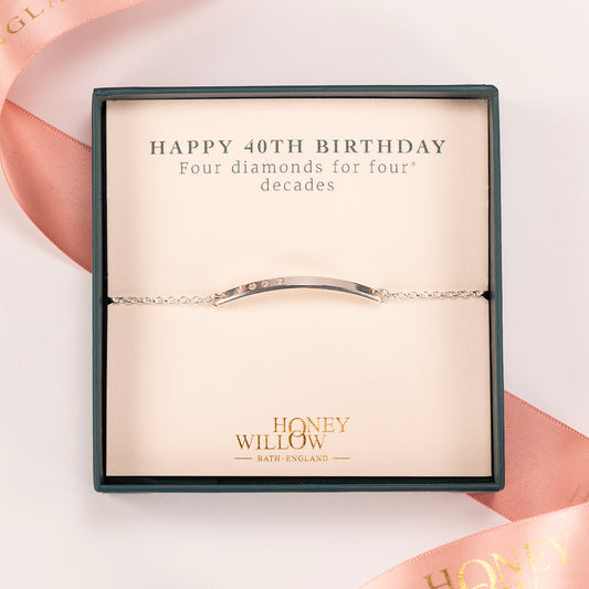 40th Birthday Gift - Diamond Bar Bracelet - 4 Diamonds for 4 Decades - Silver