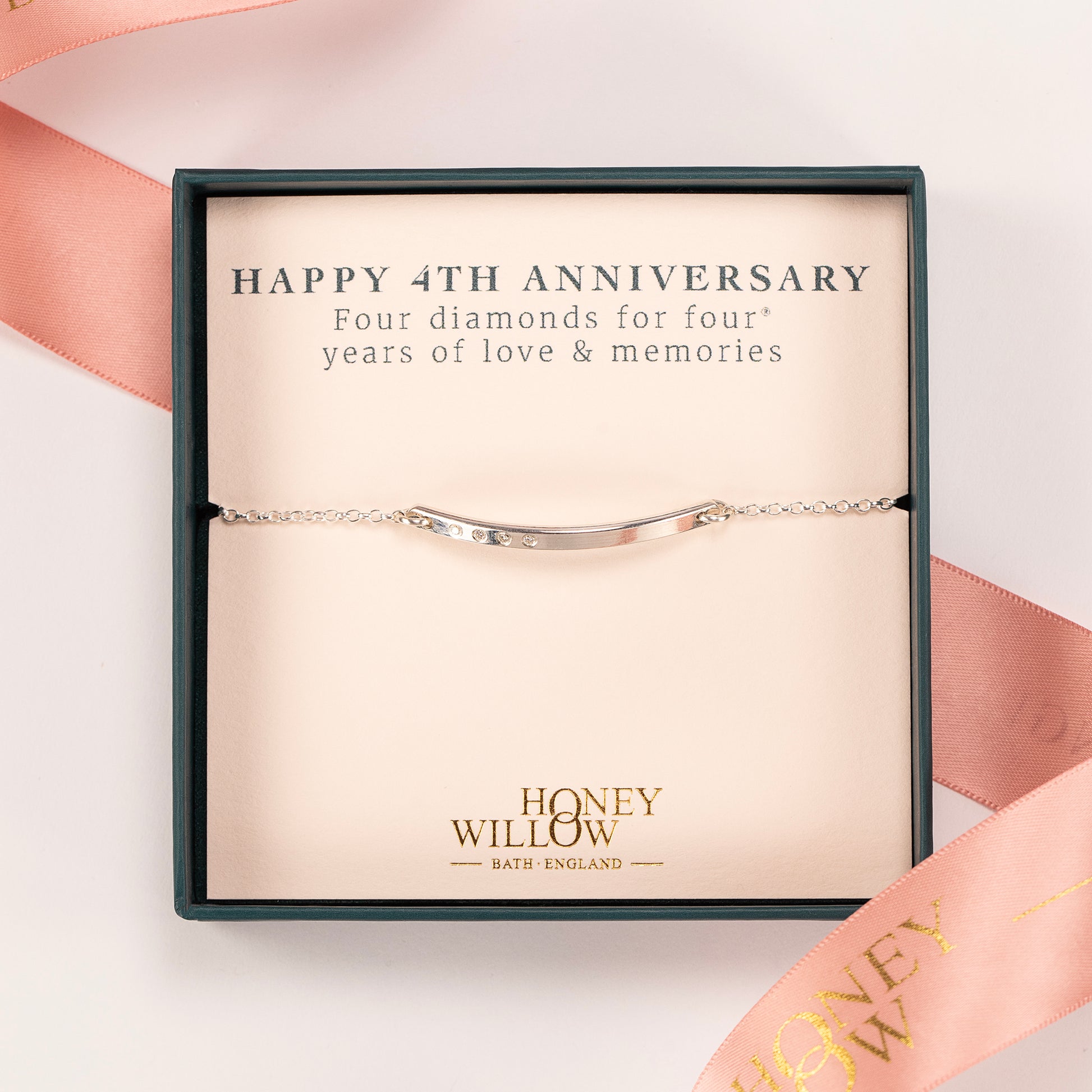 4th Anniversary Gift - Diamond Bar Bracelet - 4 Diamonds for 4 Years - Silver