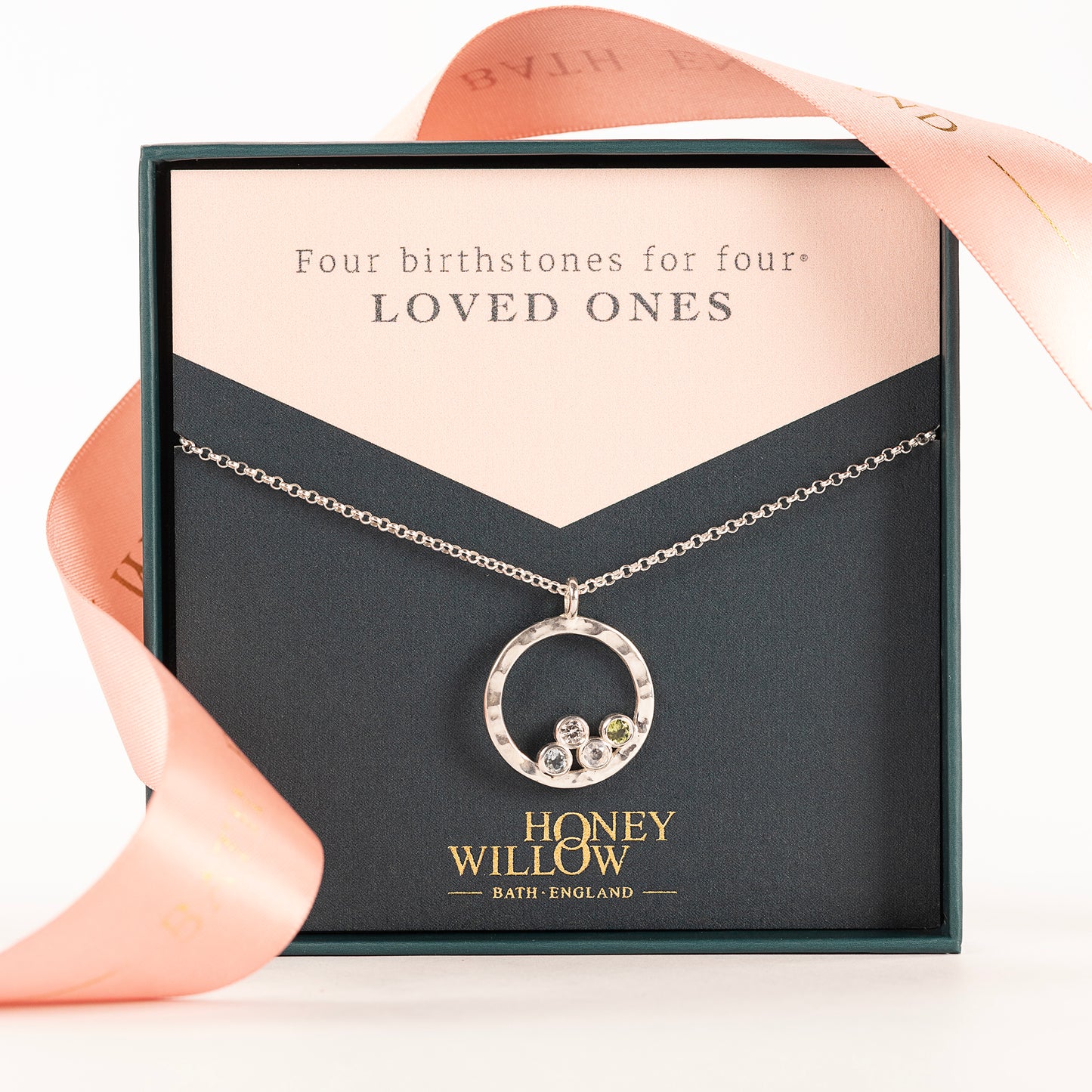 Family Birthstone Halo Necklace - 4 Birthstones for 4 Loved Ones - Silver