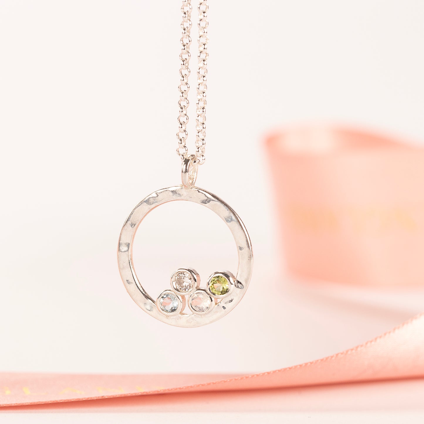 Family Birthstone Halo Necklace - 4 Birthstones for 4 Loved Ones - Silver