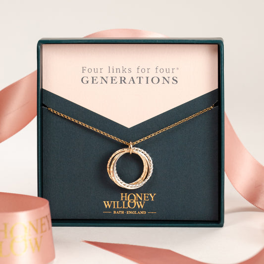 Geschenk für Uroma – Halskette „4 Glieder für 4 Generationen“ – Silber & Gold