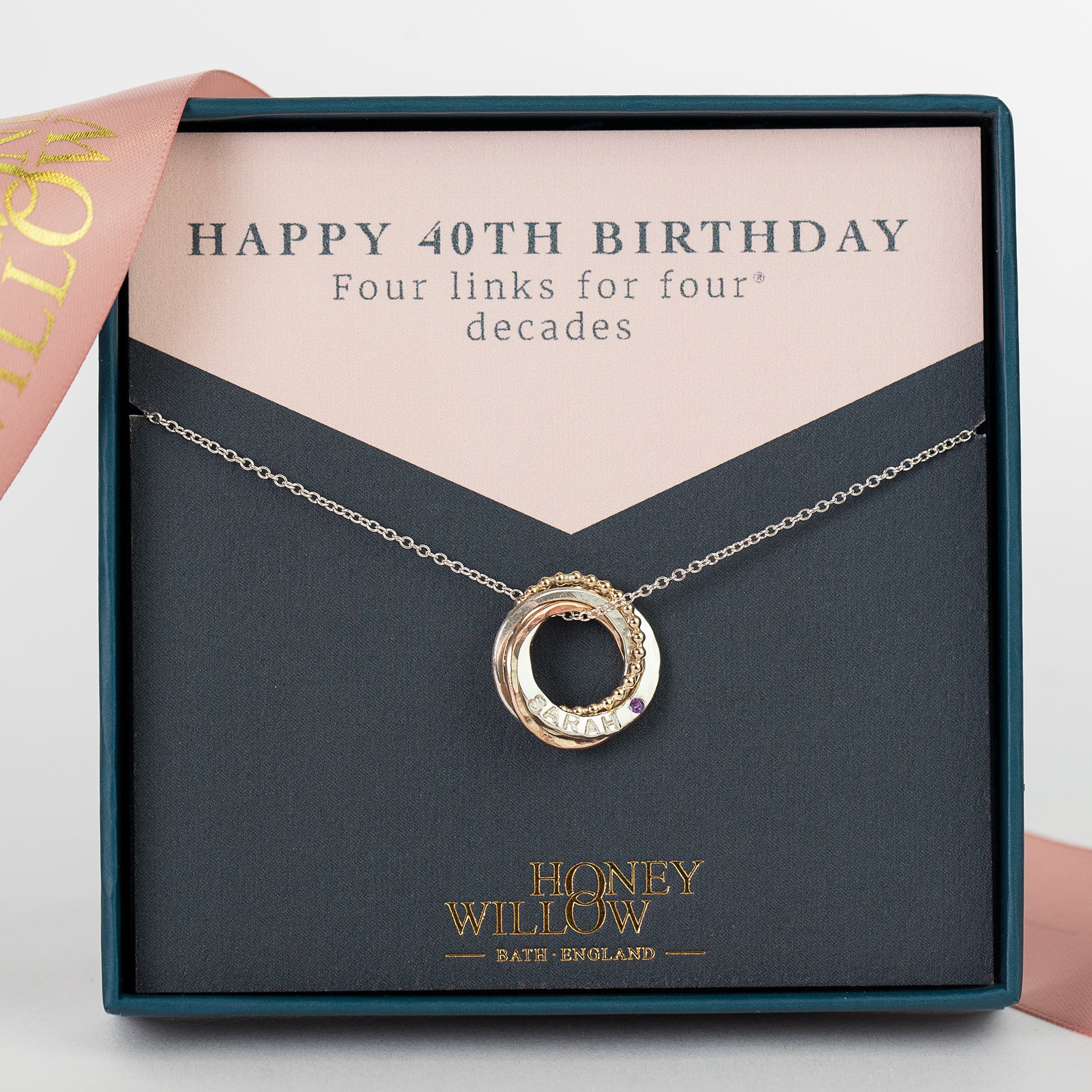 Personalised 40th Birthday Birthstone Necklace -  The Original 4 Links for 4 Decades - 9kt Gold - Rose Gold - Silver