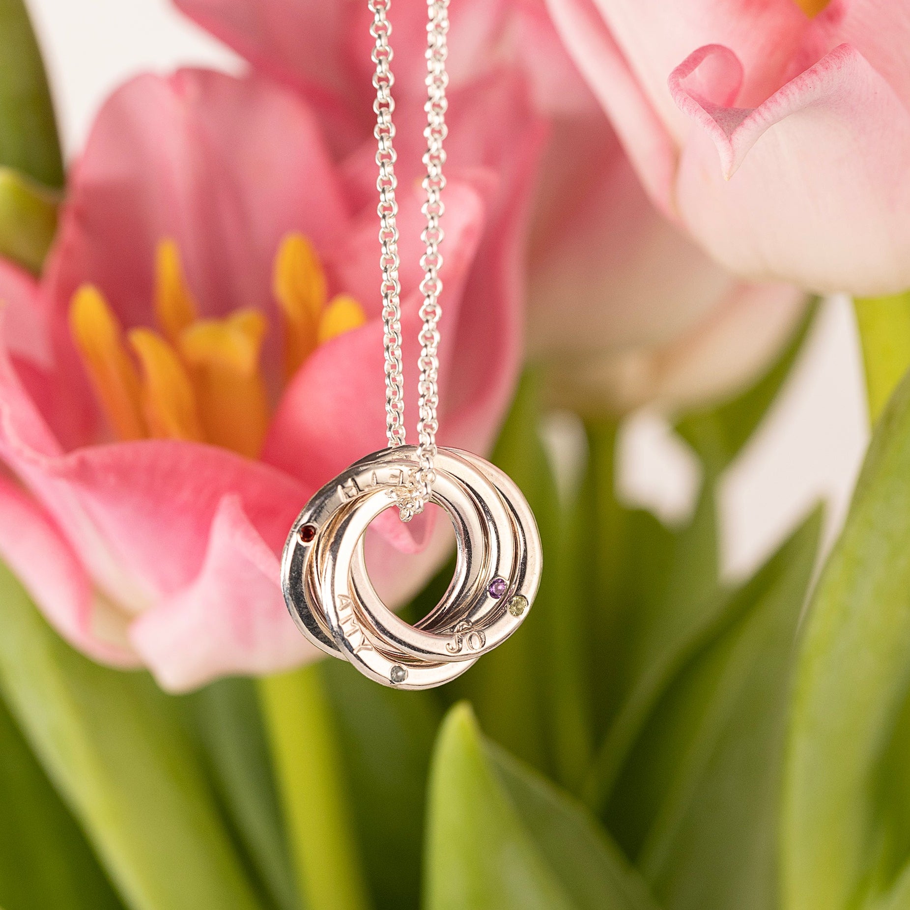 Personalised 4 Link Family Name & Birthstone Necklace - Petite Silver