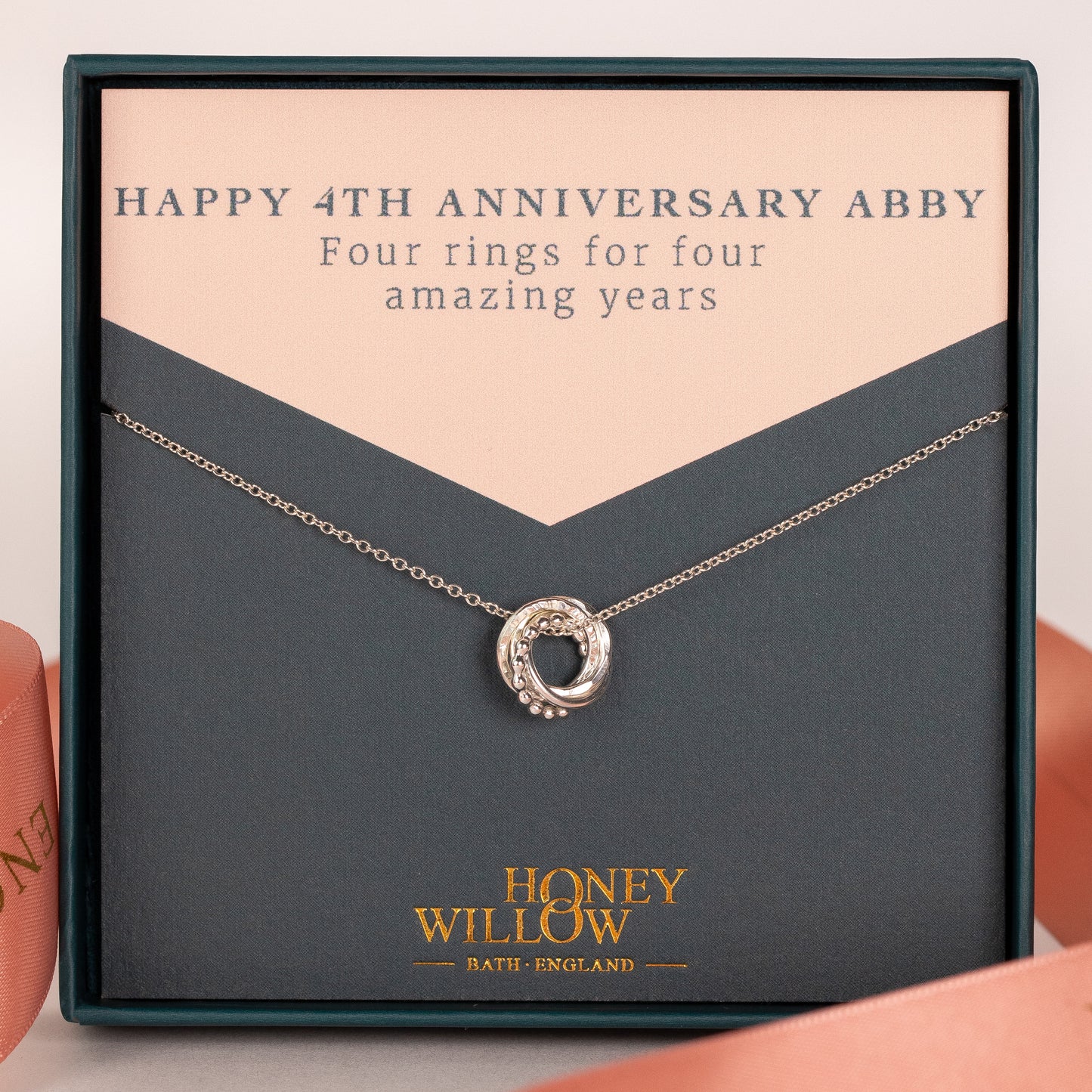 4th Anniversary Love Knot Necklace - The Original 4 Rings for 4 Years - Silver