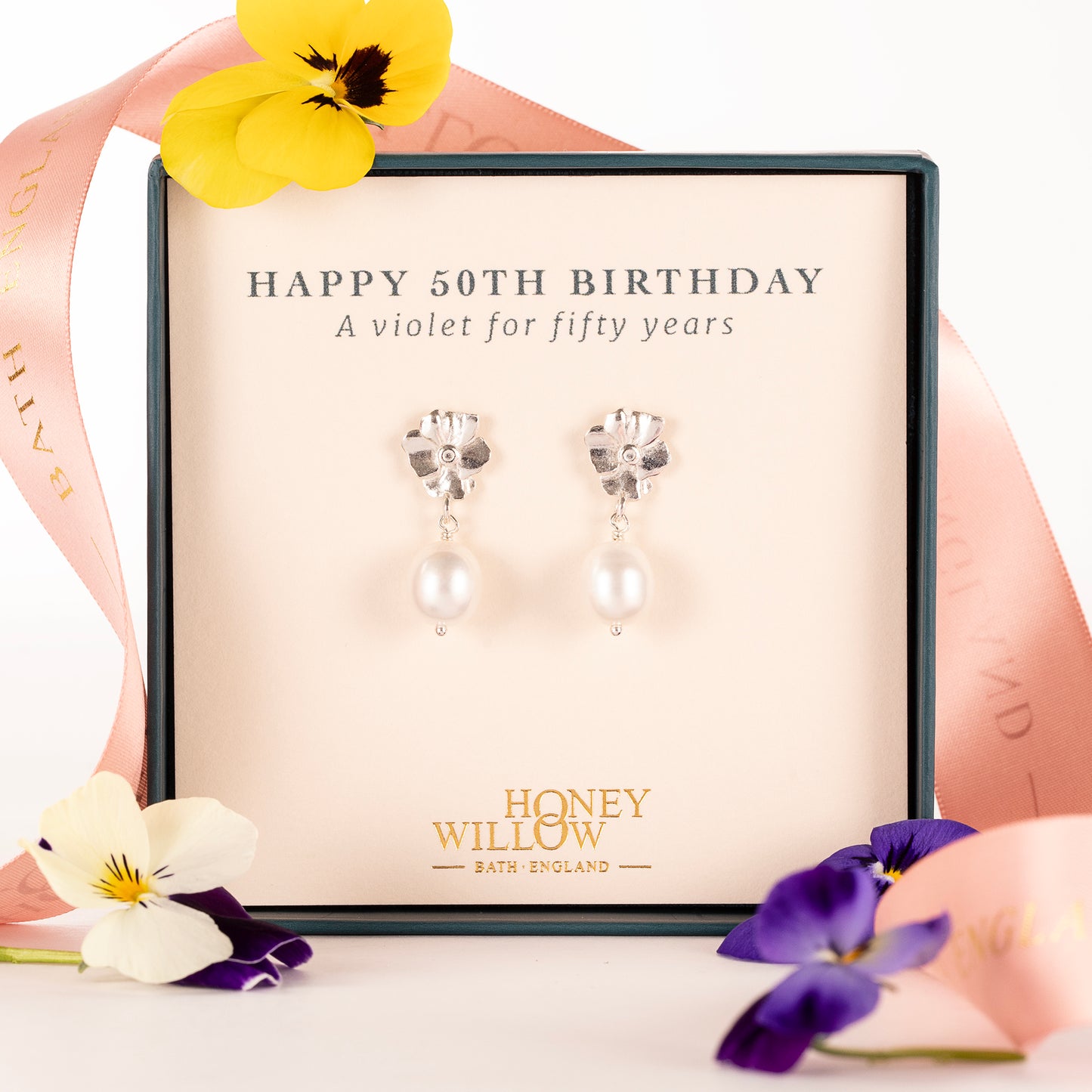 50th Birthday Gift - Violet Flower Earrings - Silver & Pearl