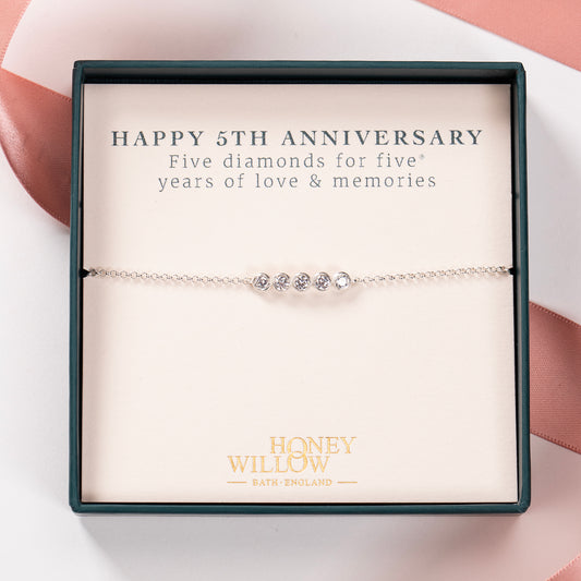 5th Anniversary Bracelet - 5 Diamonds for 5 Years - Lab Grown Diamonds - Silver