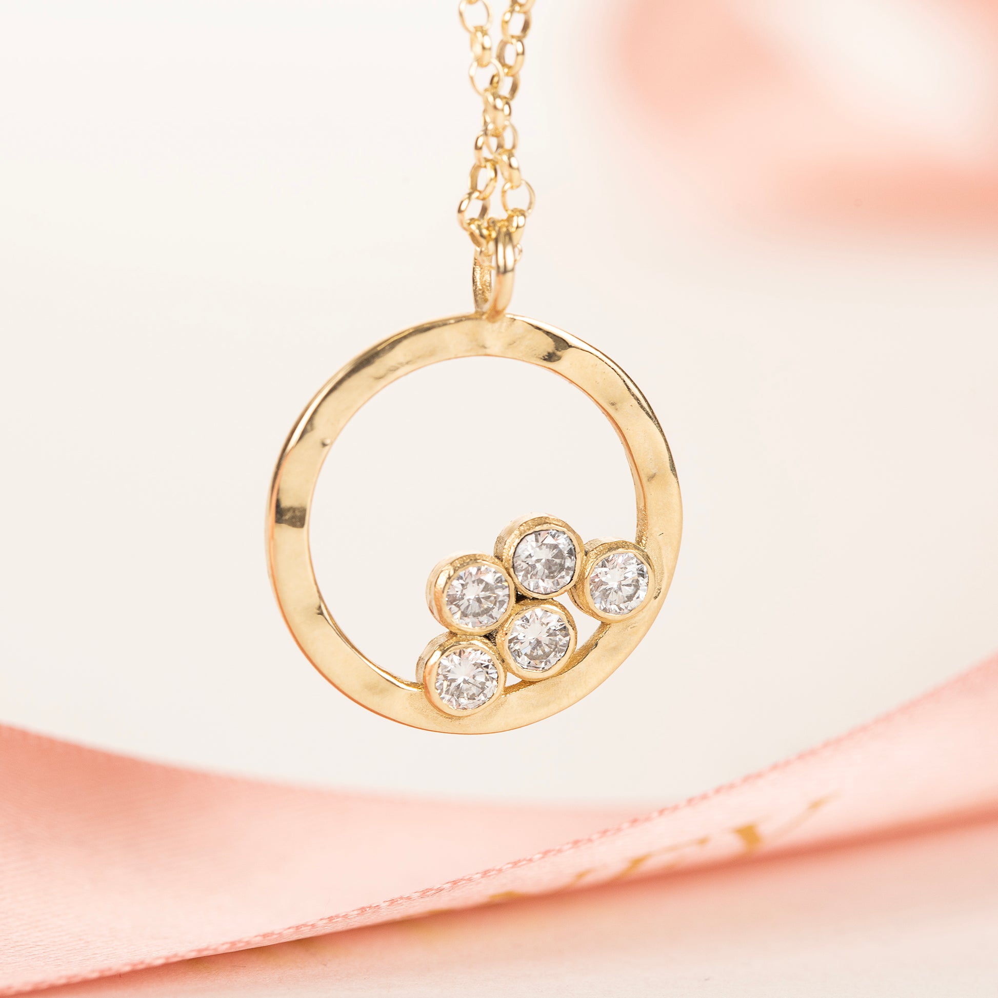 5th Anniversary Gift - 5 Diamonds for 5 Years Halo Necklace - 9kt Gold & Lab Grown Diamonds