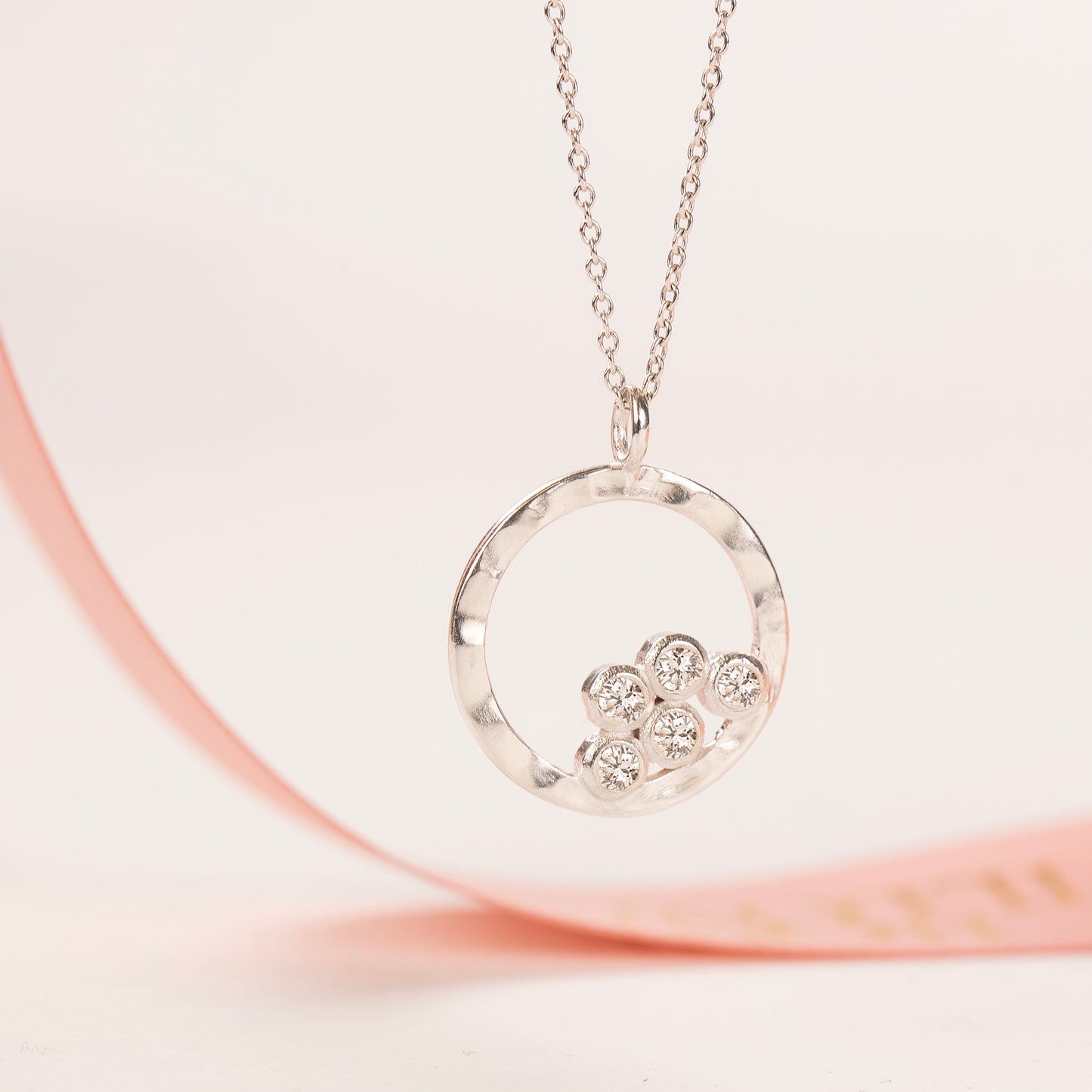 5th Anniversary Gift - 5 Diamonds for 5 Years Halo Necklace - Silver & Lab Grown Diamonds