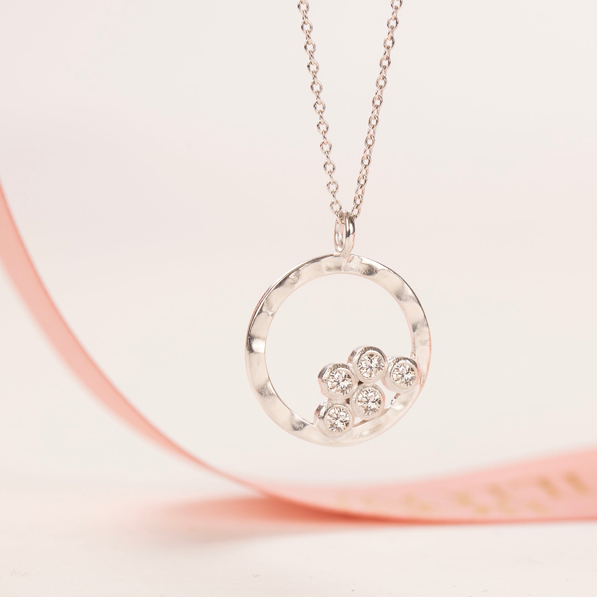 5th Anniversary Gift - 5 Diamonds for 5 Years Halo Necklace - Silver & Lab Grown Diamonds