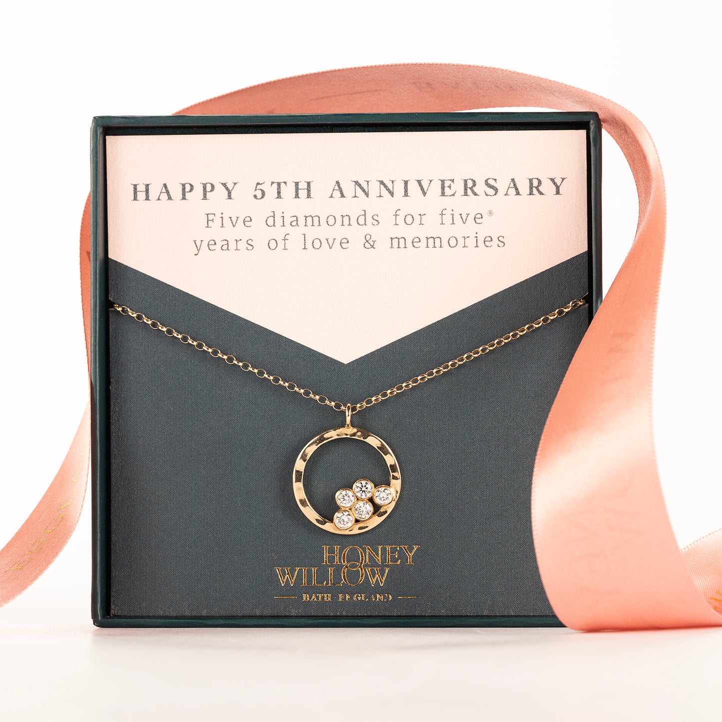 5th Anniversary Gift - 5 Diamonds for 5 Years Halo Necklace - 9kt Gold & Lab Grown Diamonds