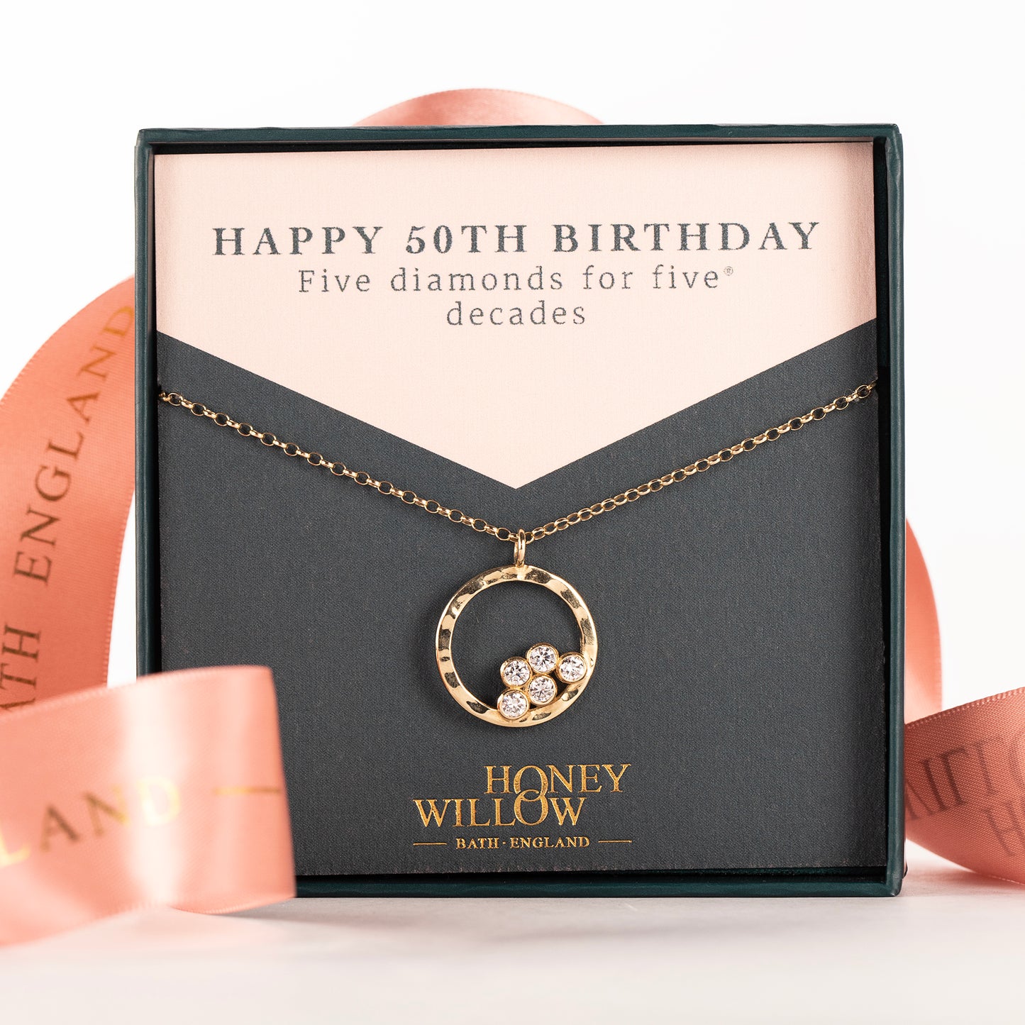 50th Birthday Necklace - 5 Diamonds for 5 Decades - 9kt Gold & Lab Grown Diamonds
