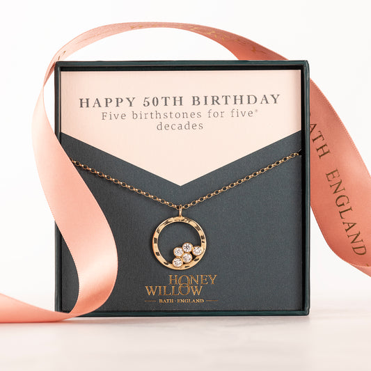 50th Birthday Necklace - 5 Birthstones for 5 Decades - 9kt Gold