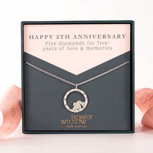 5th Anniversary Gift - 5 Diamonds for 5 Years Halo Necklace - Silver & Lab Grown Diamonds