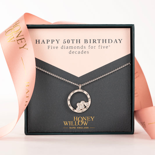 50th Birthday Necklace - 5 Diamonds for 5 Decades - Silver & Lab Grown Diamonds