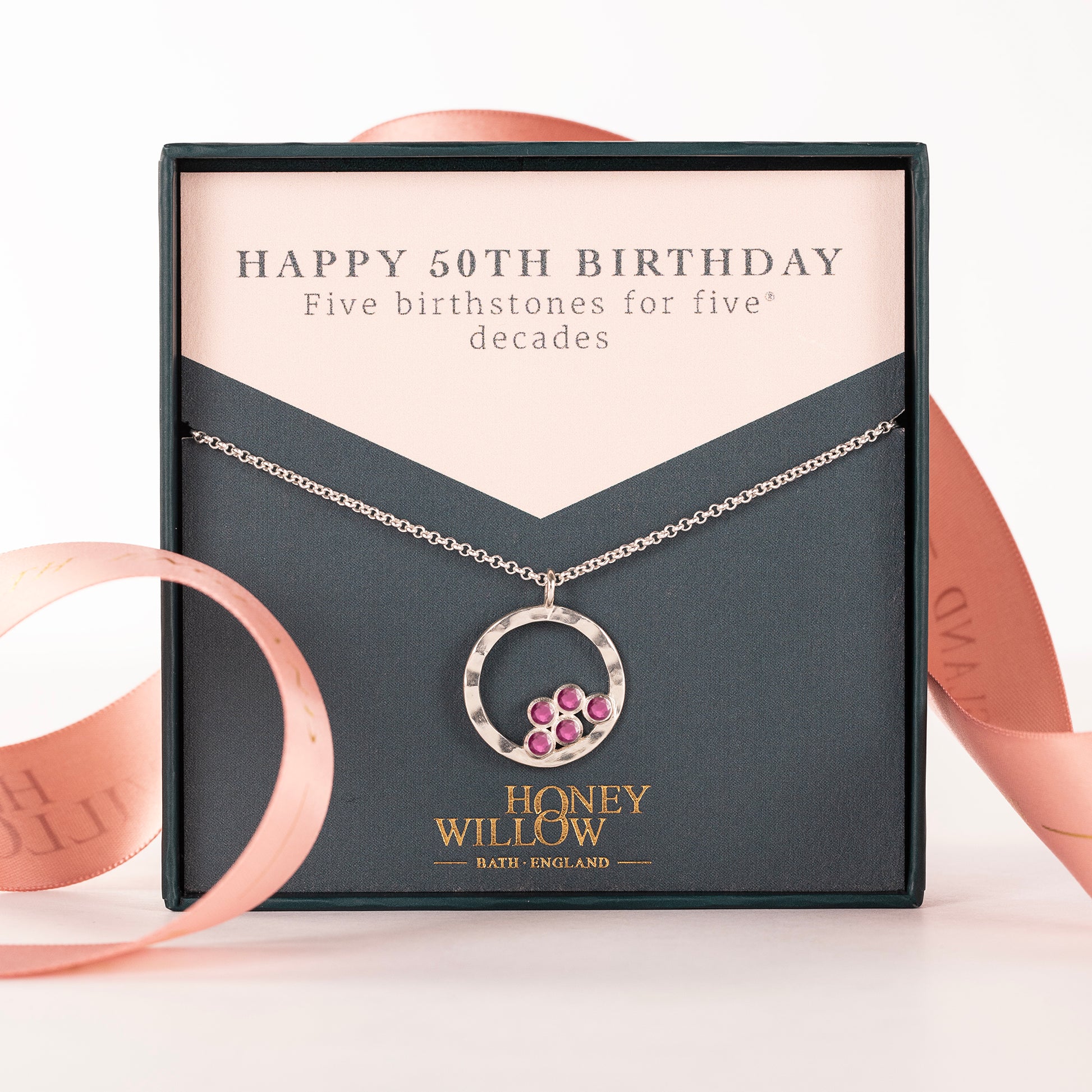 50th Birthday Necklace - 5 Birthstones for 5 Decades - Silver