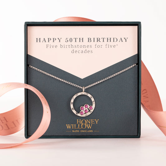 50th Birthday Necklace - 5 Birthstones for 5 Decades - Silver