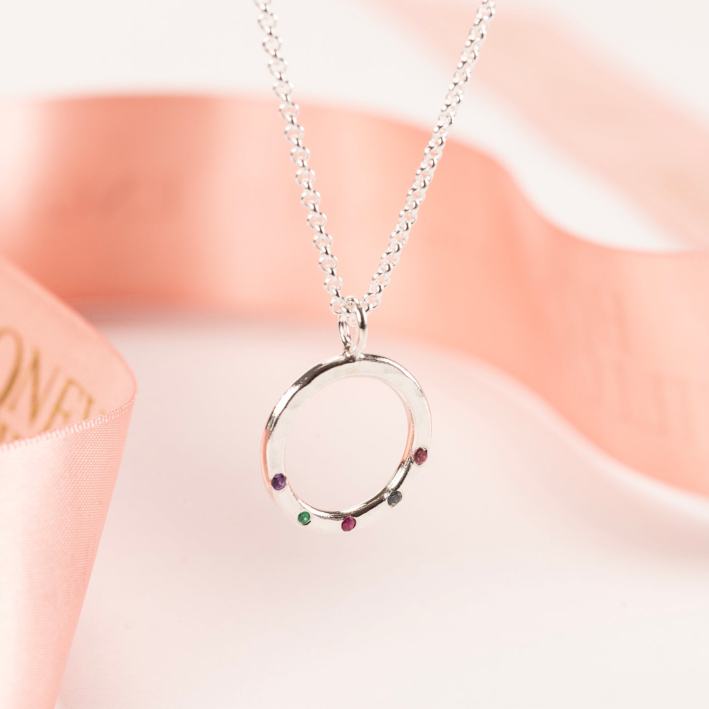 Family Birthstone Halo Necklace - Silver - Birthstones for Loved Ones