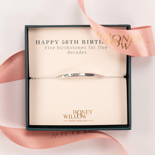50th Birthday Gift - Birthstone Bar Bracelet - 5 Birthstones for 5 Decades - Silver
