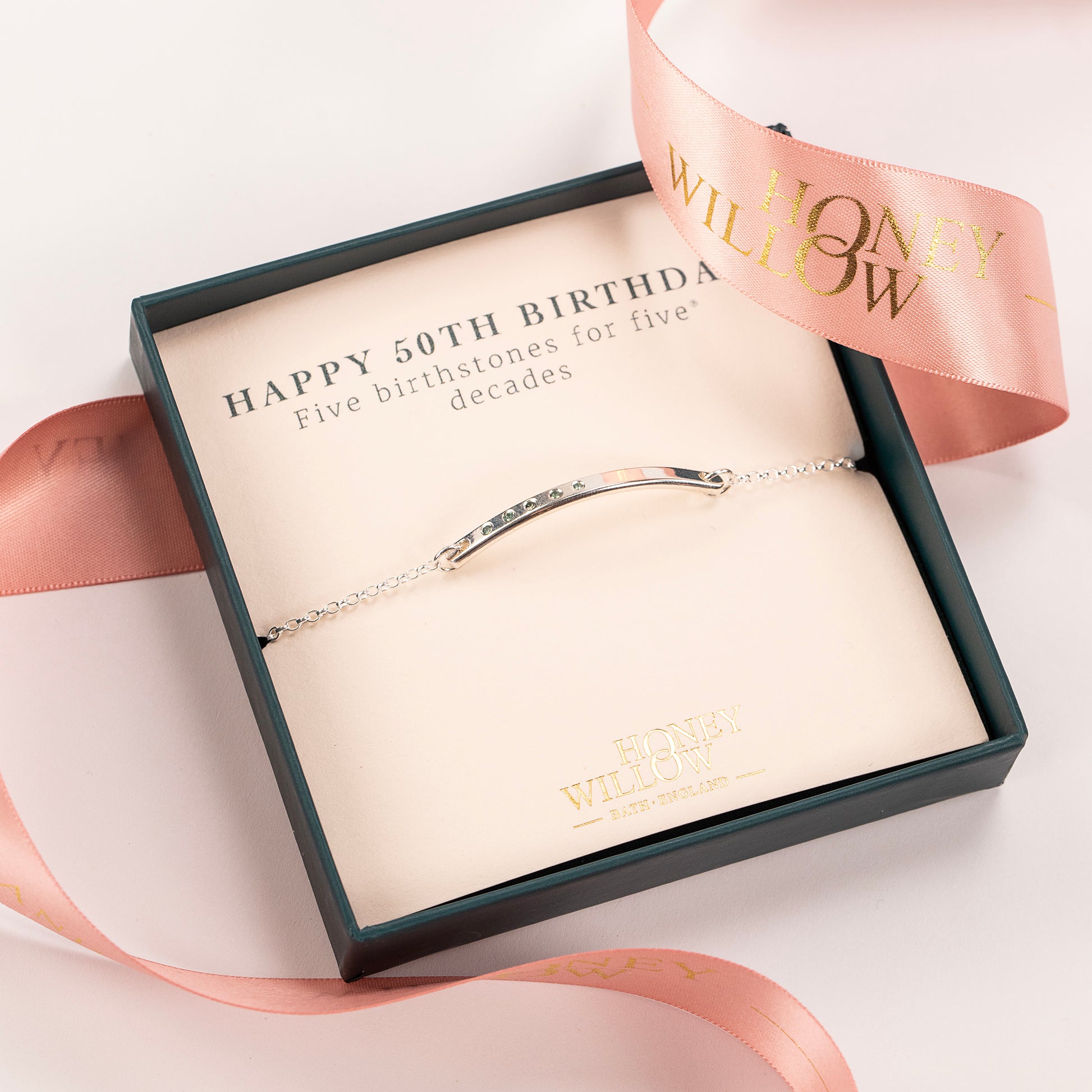50th Birthday Gift - Birthstone Bar Bracelet - 5 Birthstones for 5 Decades - Silver