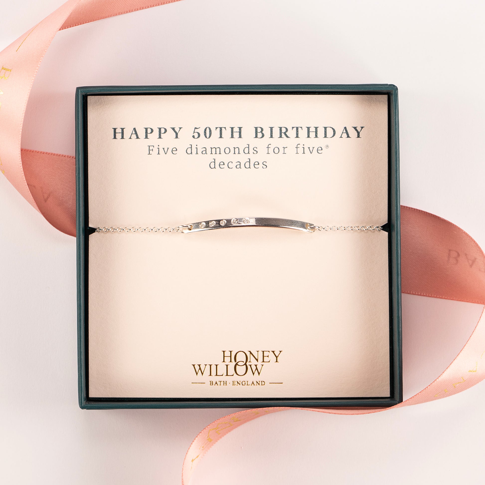50th Birthday Gift - Diamond Bar Bracelet - 5 Diamonds for 5 Decades - Silver