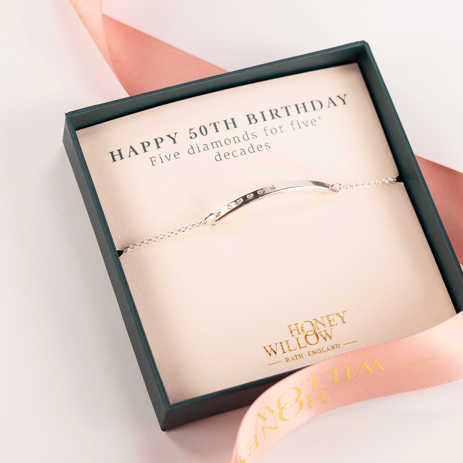 50th Birthday Gift - Diamond Bar Bracelet - 5 Diamonds for 5 Decades - Silver