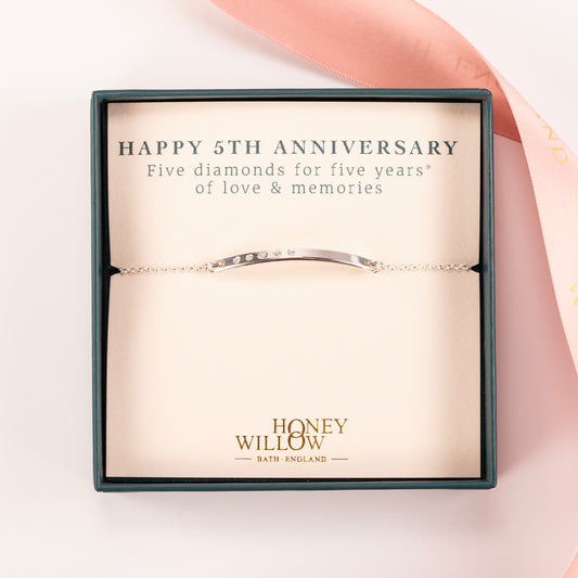 5th Anniversary Gift - Diamond Bar Bracelet - 5 Diamonds for 5 Years - Silver & Lab Grown Diamonds