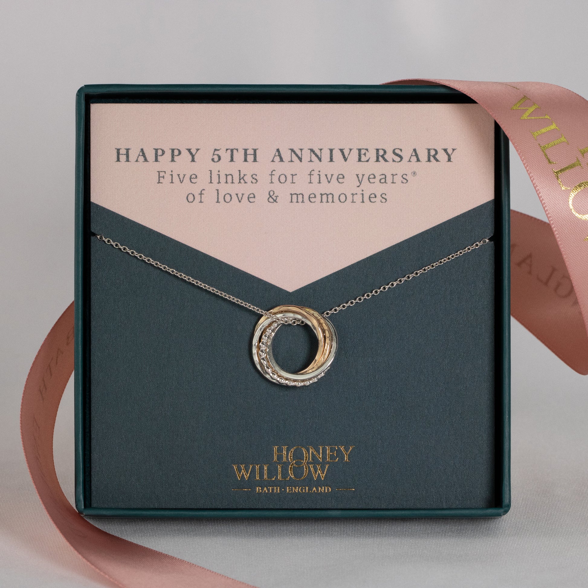 5th Anniversary Necklace - The Original 5 Rings for 5 Years Necklace - Petite Silver & Gold