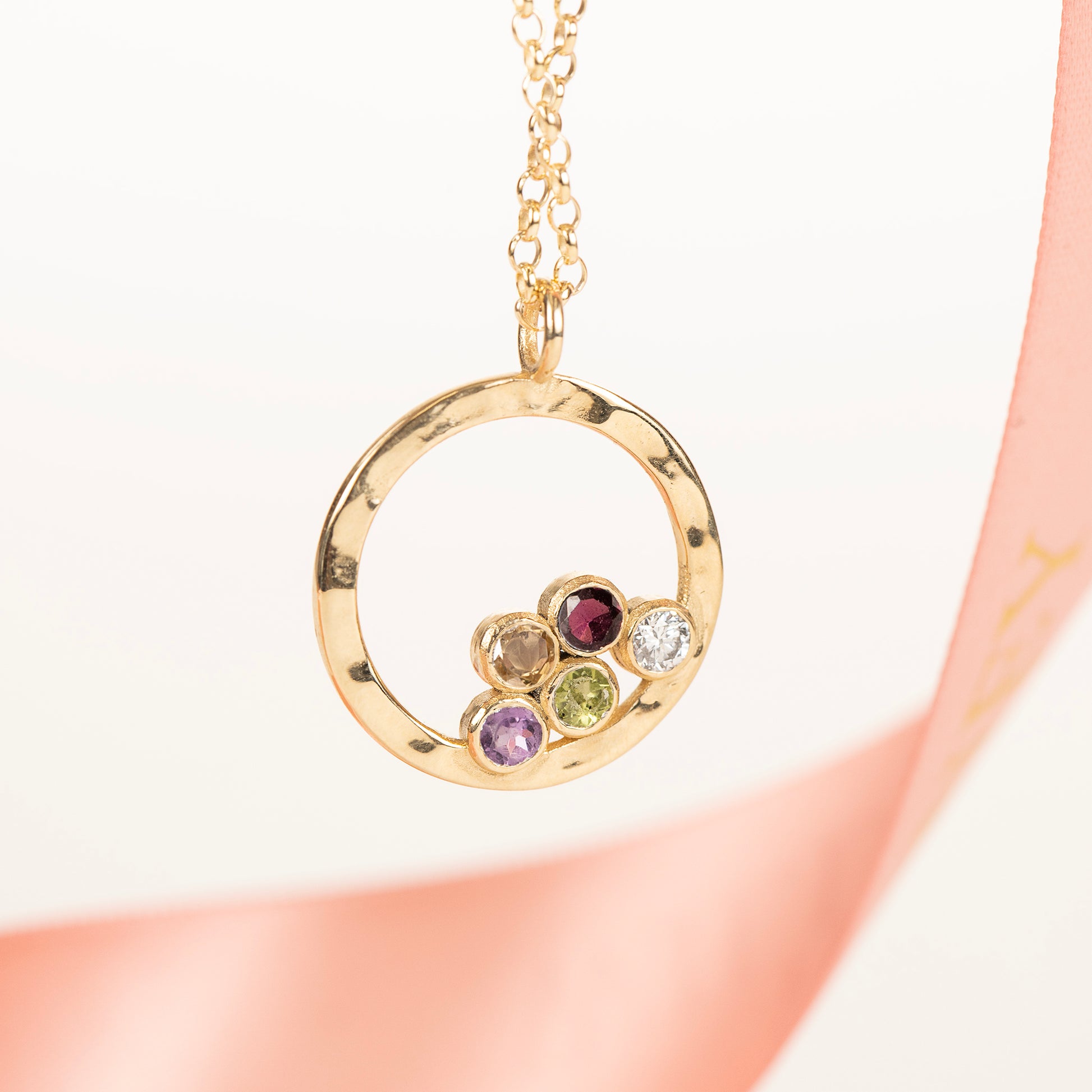 Family Birthstone Halo Necklace Birthstones for Loved Ones 9kt Gold 16 inches