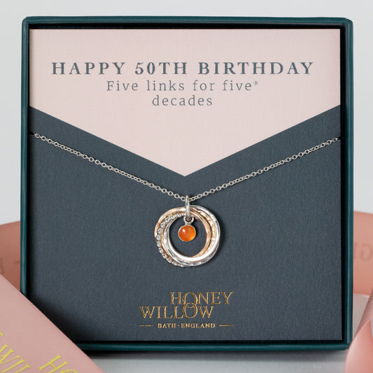 50th Birthday Birthstone Necklace - The Original 5 Links for 5 Decades Necklace - Silver & Gold