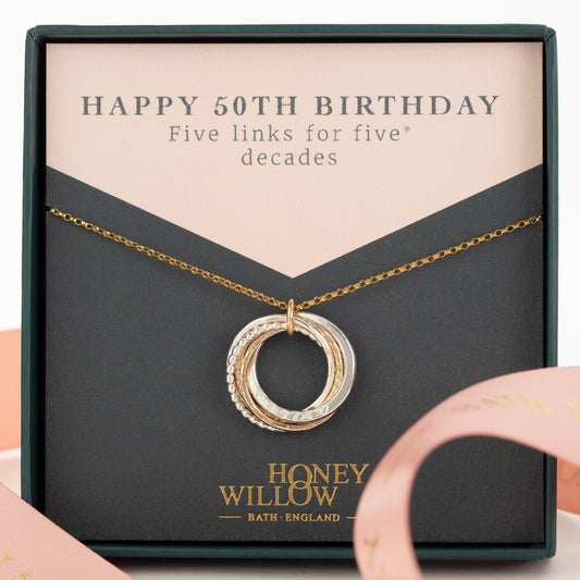 Personalised 50th Birthday Necklace - Hand-Stamped - The Original 5 Links for 5 Decades Necklace - Silver & Gold