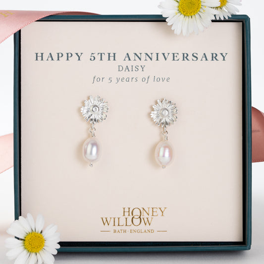 5th Anniversary Gift - Daisy Flower Earrings - Silver & Pearl