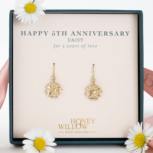 5th Anniversary Gift - Daisy Flower Earrings - 9kt Gold