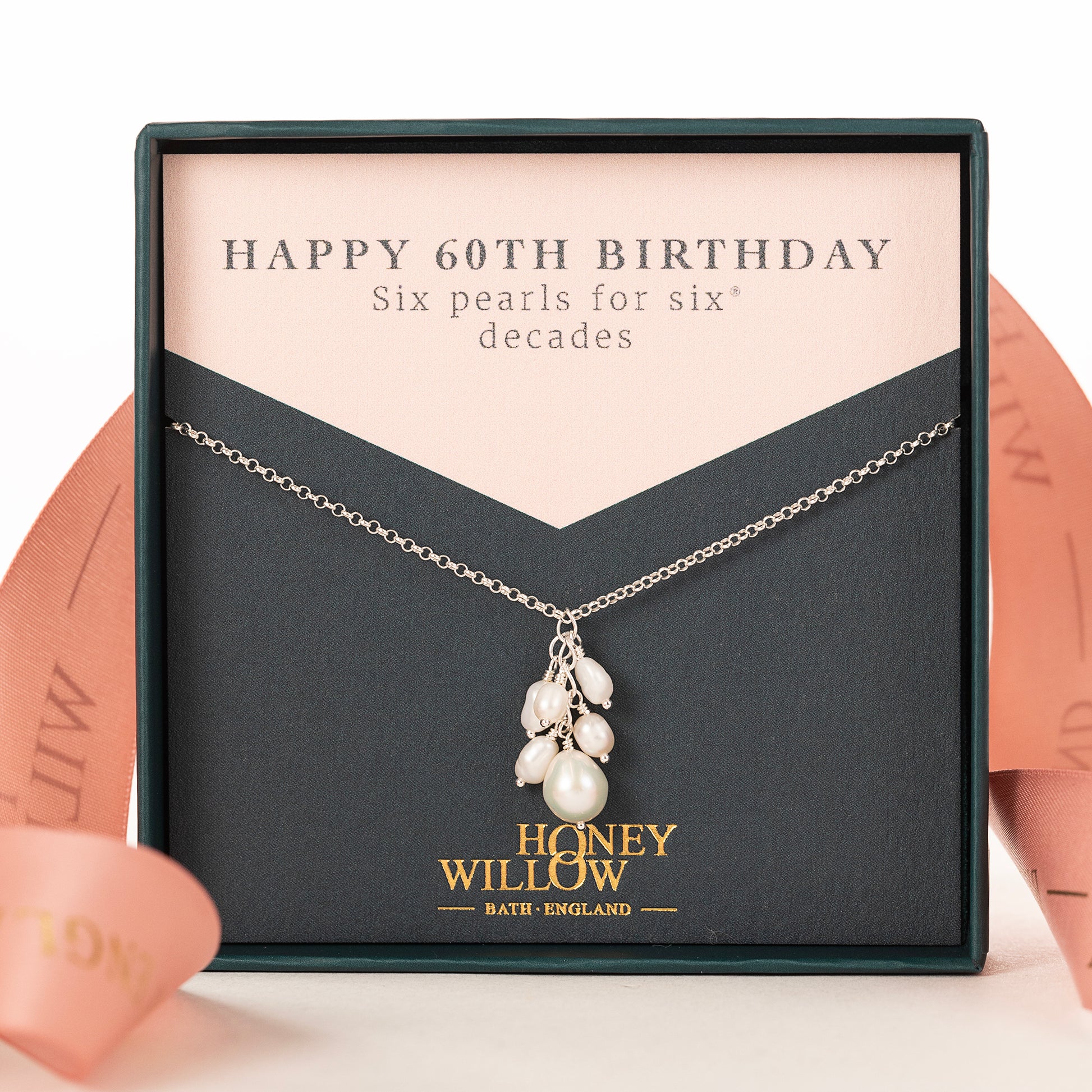 60th Birthday Pearl Cluster Necklace Pearls for Decades Silver Gold sterling silver 16 inches inch extender