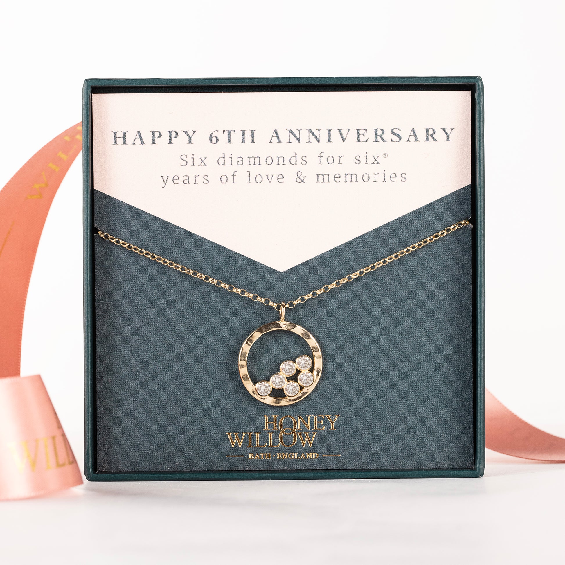 6th Anniversary Gift - 6 Diamonds for 6 Years Halo Necklace - 9kt Gold & Lab Grown Diamonds